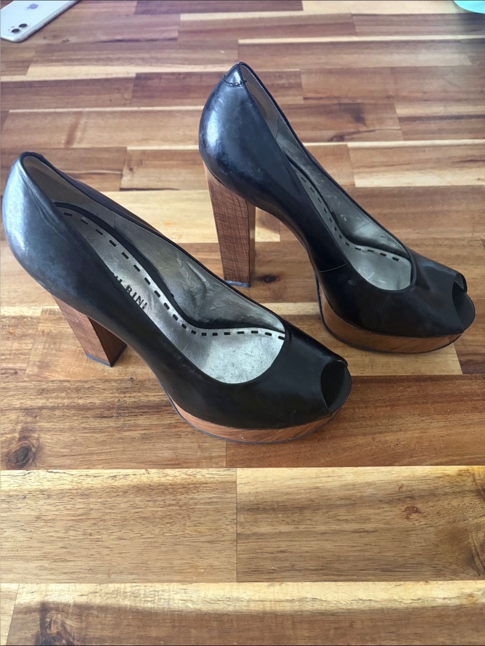 Gianni Bini Black Peep-Toe Platform Pumps with Wood-Look Heel